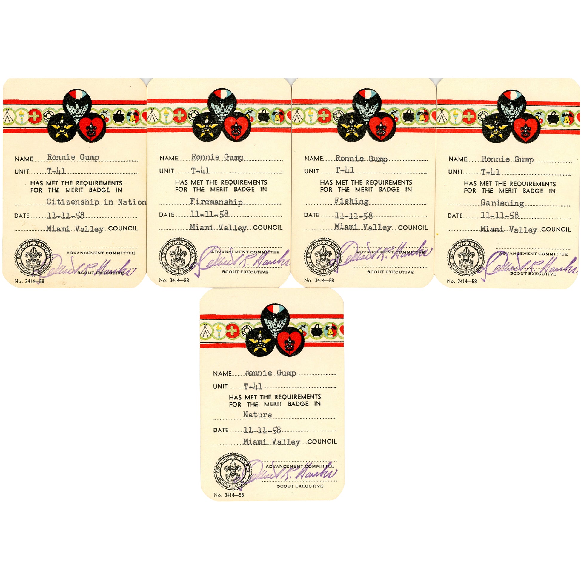 Complete 33-card Boy Scout archive documenting Ronnie Gump’s journey from Cub Scout to Eagle Scout, Trotwood Ohio, 1953-1959. 21 Merit Badge Cards  Set 3