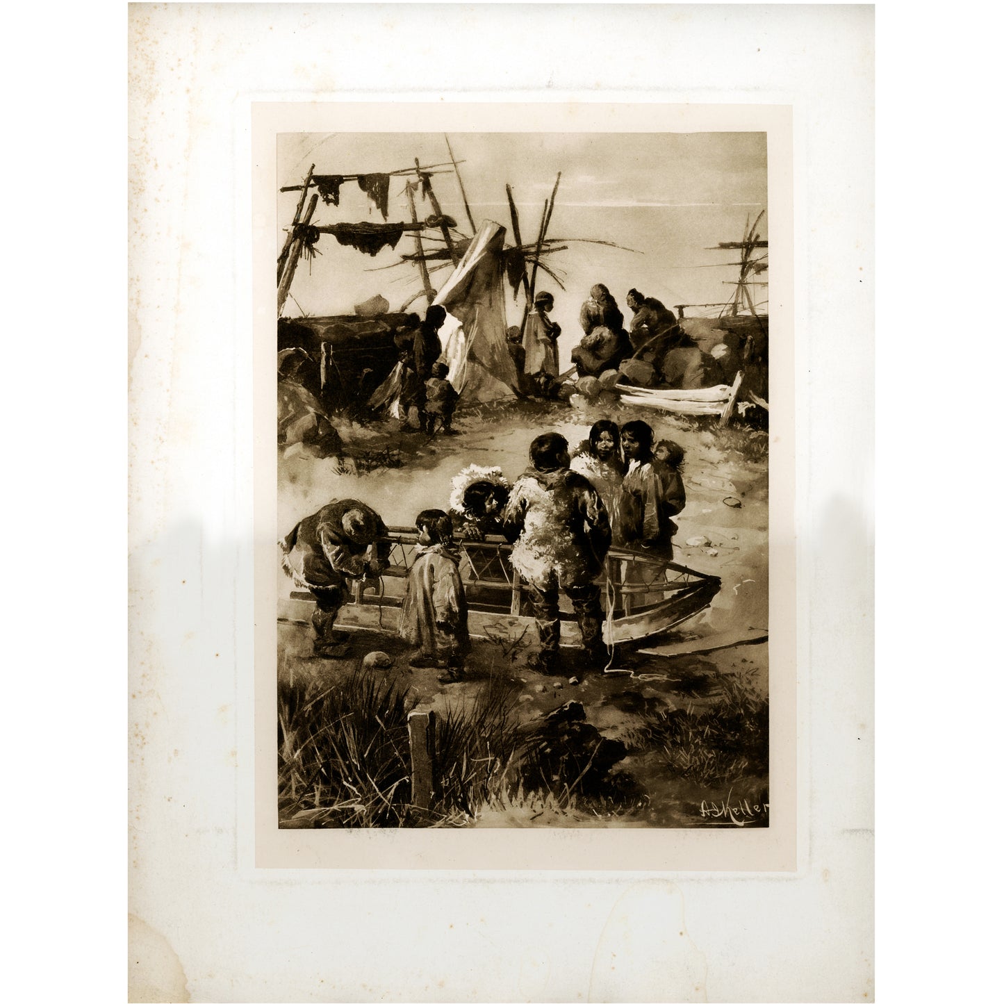Arthur Ignatius Keller Eskimo Village Half-Tone Lithograph with Mount