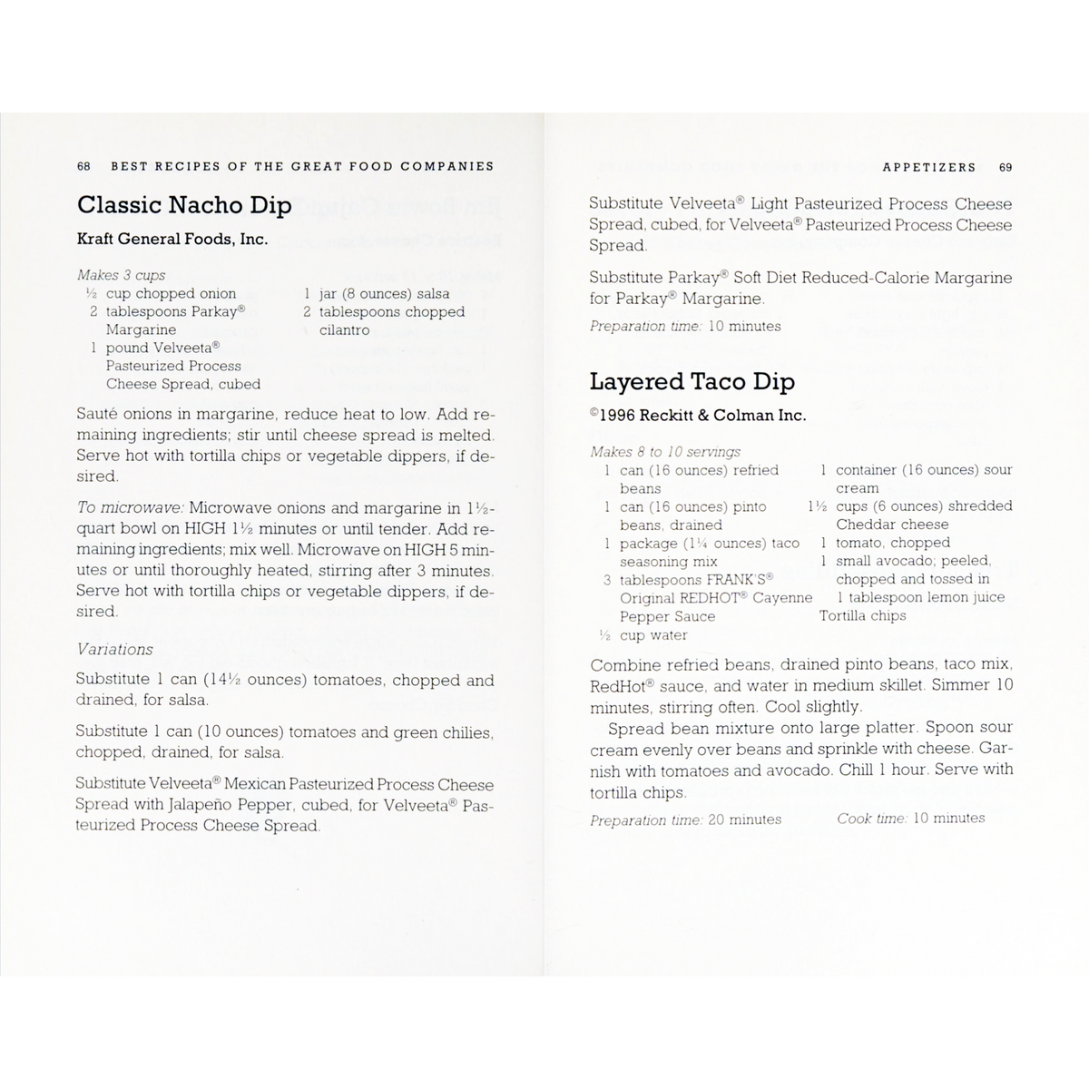 Best Recipes of the Great Food Companies | Judith Anderson ©1992 (1997 Revised Edition)  showing Kraft General Foods, Inc.  Nacho Dip and Layered Taco Dip.