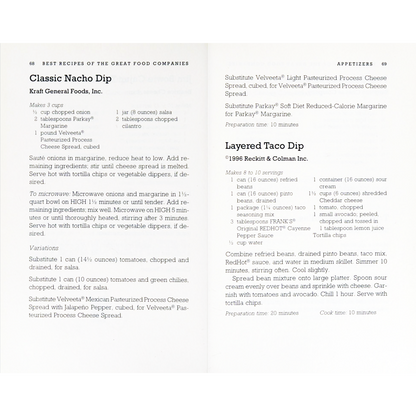 Best Recipes of the Great Food Companies | Judith Anderson ©1992 (1997 Revised Edition)  showing Kraft General Foods, Inc.  Nacho Dip and Layered Taco Dip.