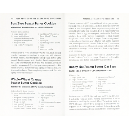 A printed recipe page from Best of Recipes of the Great Food Companies, showing recipes for Best Ever Peanut Butter Cookies and Honey Nut Peanut Butter Oat Bars with ingredient lists and cooking directions.