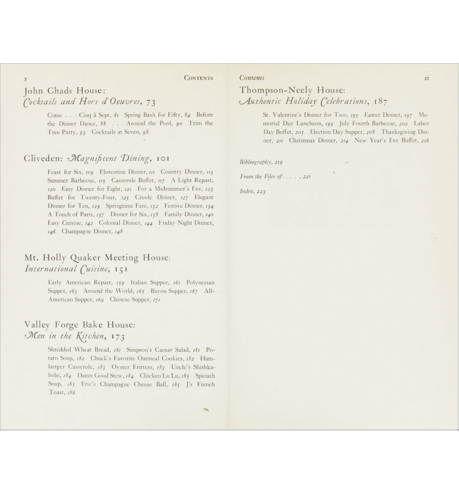 Junior League of Philadelphia’s Bicentennial Cookbook (First Edition, 1975) Contents page