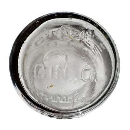 1948 Clover Blossom cottage cheese jar in clear Duraglas, made by Owens-Illinois. Embossed floral design, 12 oz net, no lid. Base