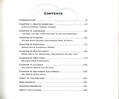 Racing to the Table (2002) explores recipes and stories from America’s iconic racetracks. First edition hardcover with dust jacket in excellent condition. Contents Page