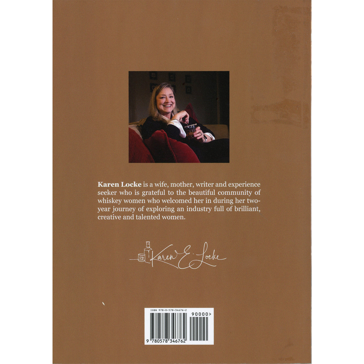 The back cover of a Bourbon & Belles, featuring a warm brown background with a small inset photograph of a Karen Locke holding a glass.