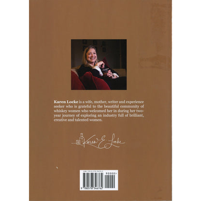 The back cover of a Bourbon & Belles, featuring a warm brown background with a small inset photograph of a Karen Locke holding a glass.
