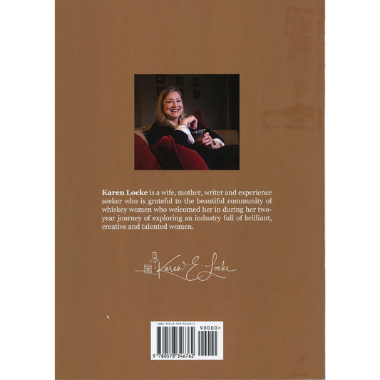 The back cover of a Bourbon & Belles, featuring a warm brown background with a small inset photograph of a Karen Locke holding a glass.