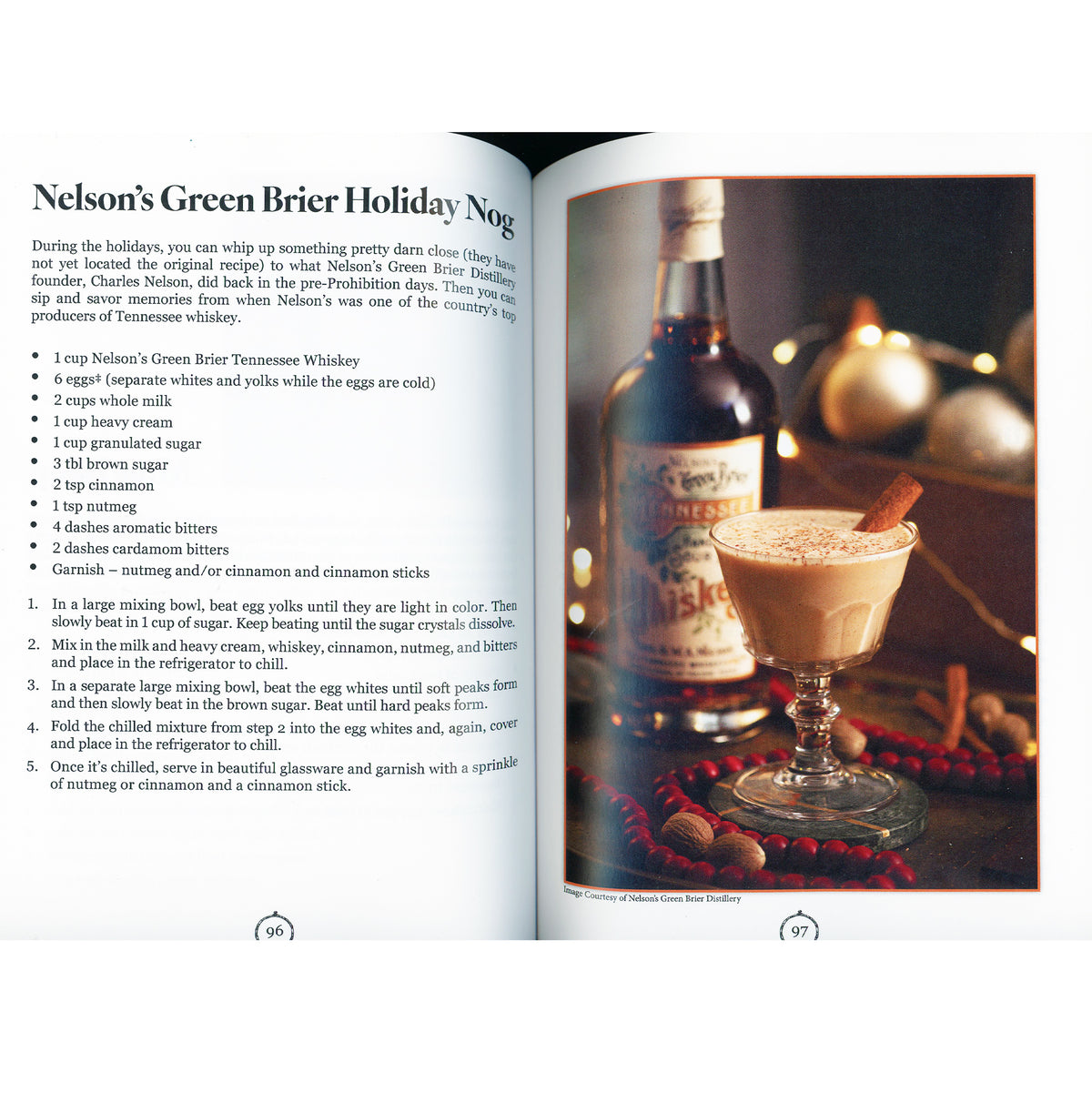 An open cookbook spread from Bourbon & Belles showing the recipe for Nelson's Green Brier Holiday Nog on one page with text and a photo of the holiday drink, and the next page.
