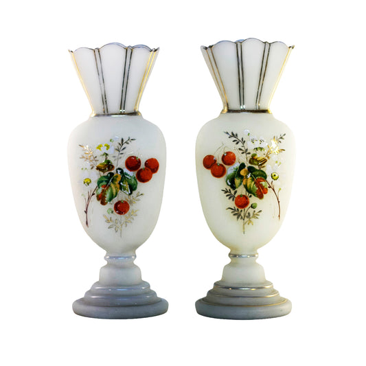 Antique Bristol Glass Vases Pair Opaline White Hand Painted Cherries Victorian Mantel Urns c.1890s