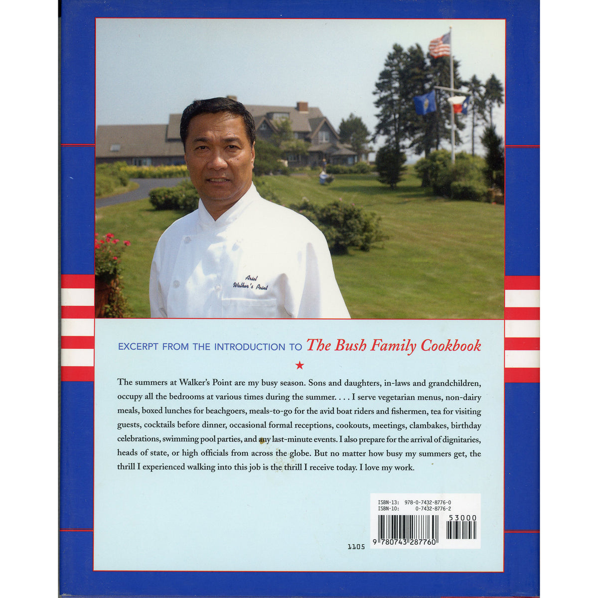 Back cover of The Bush Family Cookbook, featuring a color photograph of a Airel De Guzman in a white chef coat outdoors, with a blue border and red-and-white horizontal stripes. Text on the back includes an excerpt from the introduction and a barcode at the bottom.