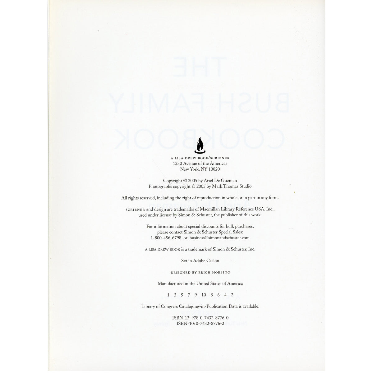 Copyright page of the Bush Family Cookbook featuring publisher and copyright details.