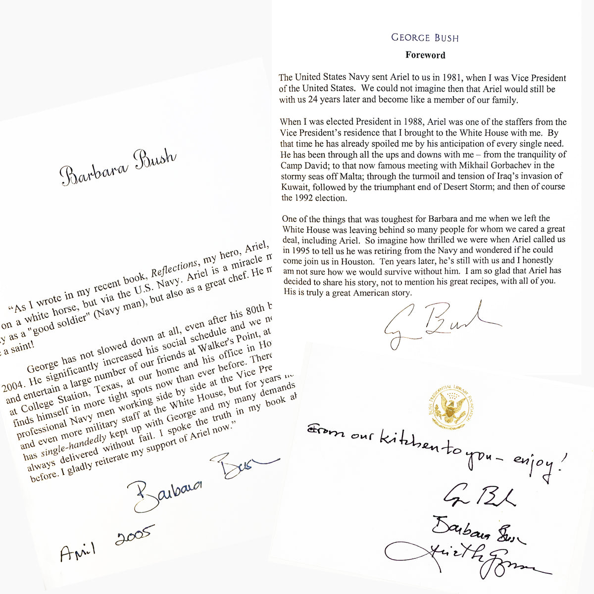 George Bush foreword' and a large cursive signature, Barbara Bush foreword with dated signature, and card with Bush Presidential Library Foundation raised seal with George Bush, Barbara Bush and Aierl De Guzma signatures. All inside the cookbook, The Bush Family Cookbook (2005).
