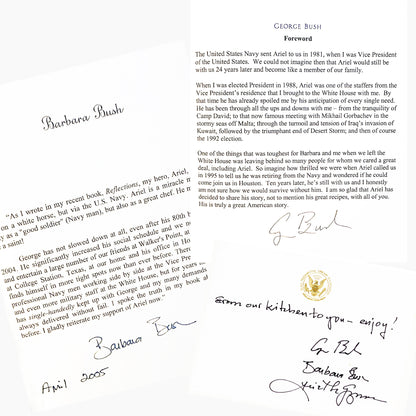 George Bush foreword' and a large cursive signature, Barbara Bush foreword with dated signature, and card with Bush Presidential Library Foundation raised seal with George Bush, Barbara Bush and Aierl De Guzma signatures. All inside the cookbook, The Bush Family Cookbook (2005).