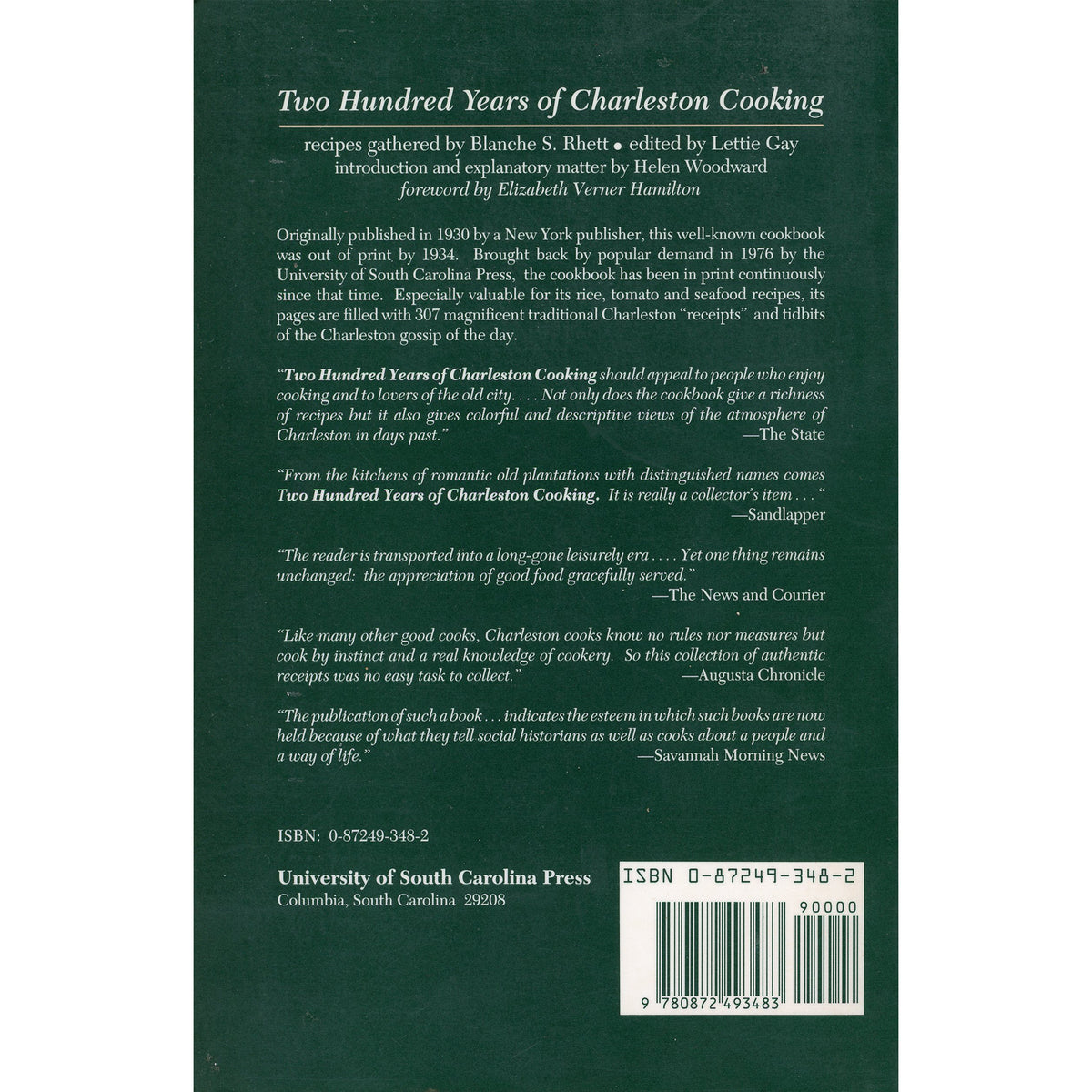Back cover for 'Two Hundred Years Of Charleston Cooking' includes reviews, publisher information and ISBN