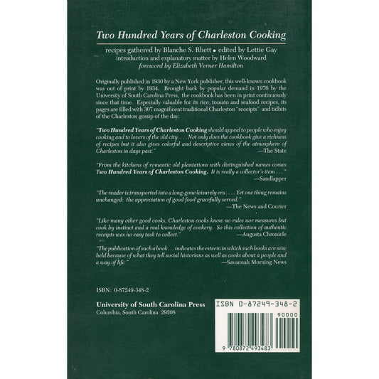 Back cover for 'Two Hundred Years Of Charleston Cooking' includes reviews, publisher information and ISBN