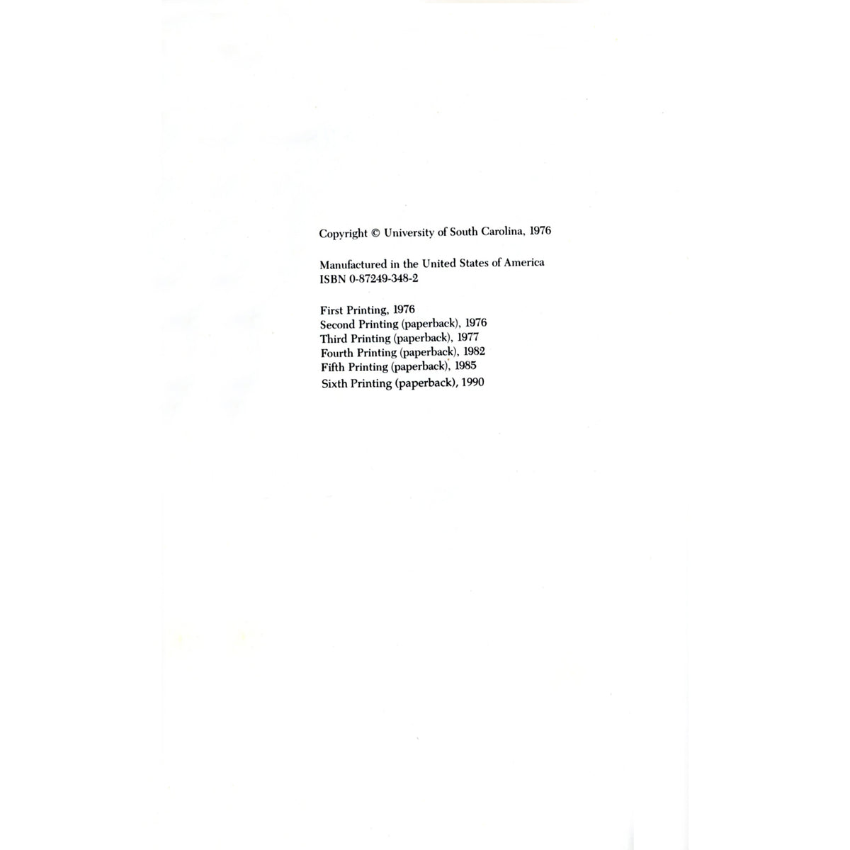 Title page for Two Hundred Years of Charleston Cooking showing copyright information for University of South Carolina, 1976, and printing history from 1976 to 1990.