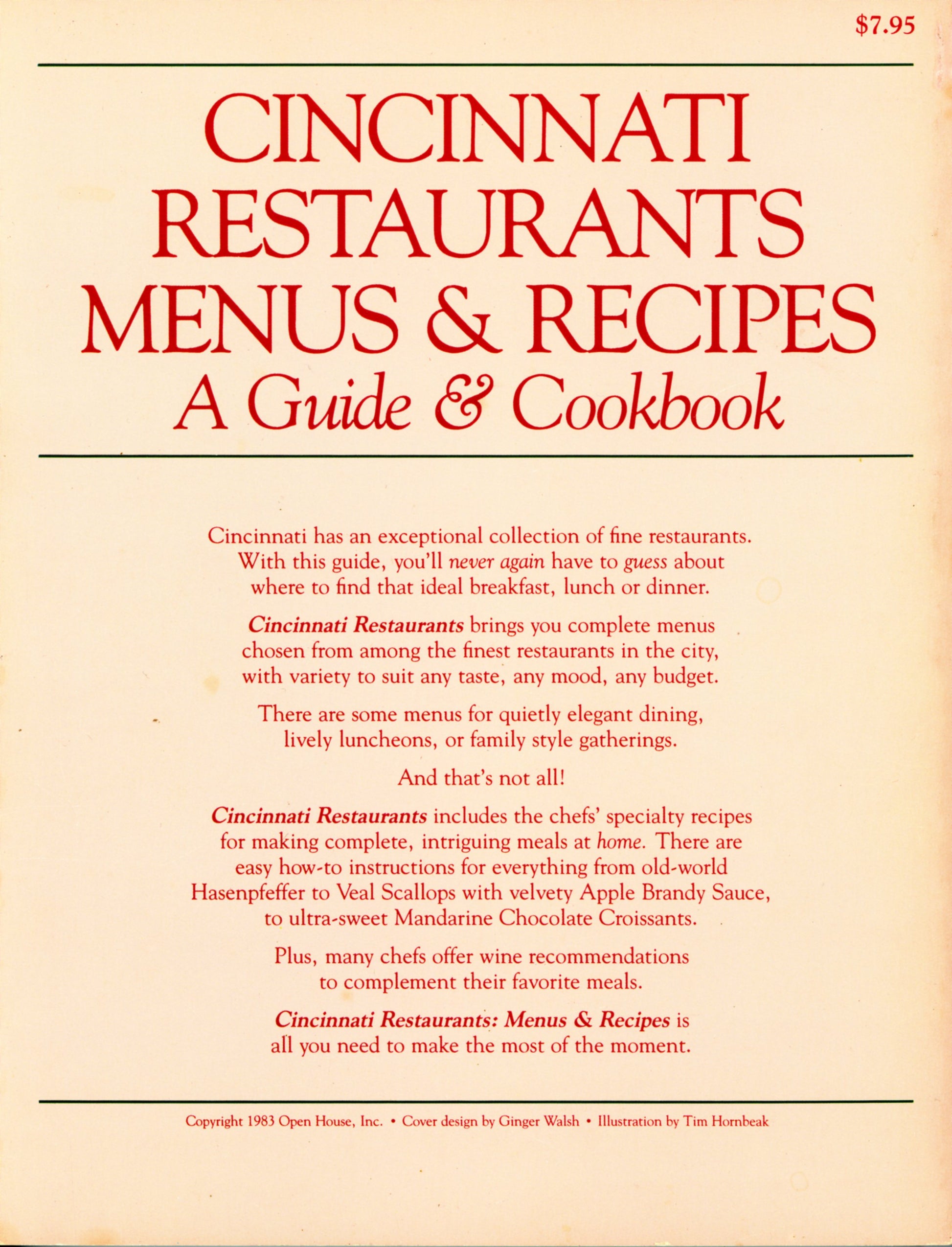 CINCINNATI RESTAURANTS Menus & Recipes | Randy & Jan Ryan-Hilman ©1983 Back Cover
