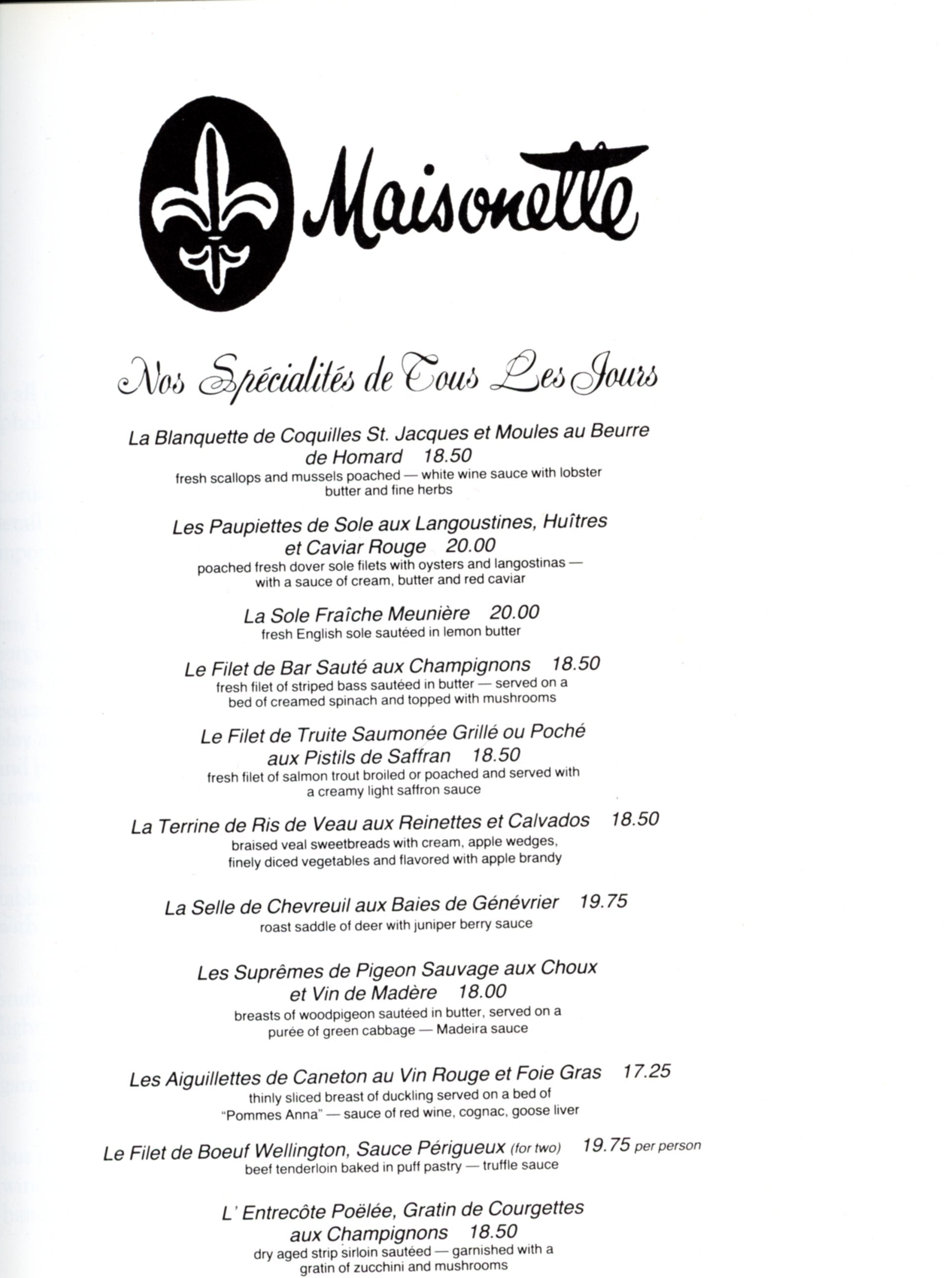 CINCINNATI RESTAURANTS Menus & Recipes | Randy & Jan Ryan-Hilman ©1983 Maisonette Menu