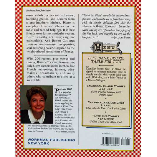First printing of Bistro Cooking (1989), a Tastemaker Award–winning French cookbook by Patricia Wells. 200+ bistro recipes. Like‑new condition. Back cover image