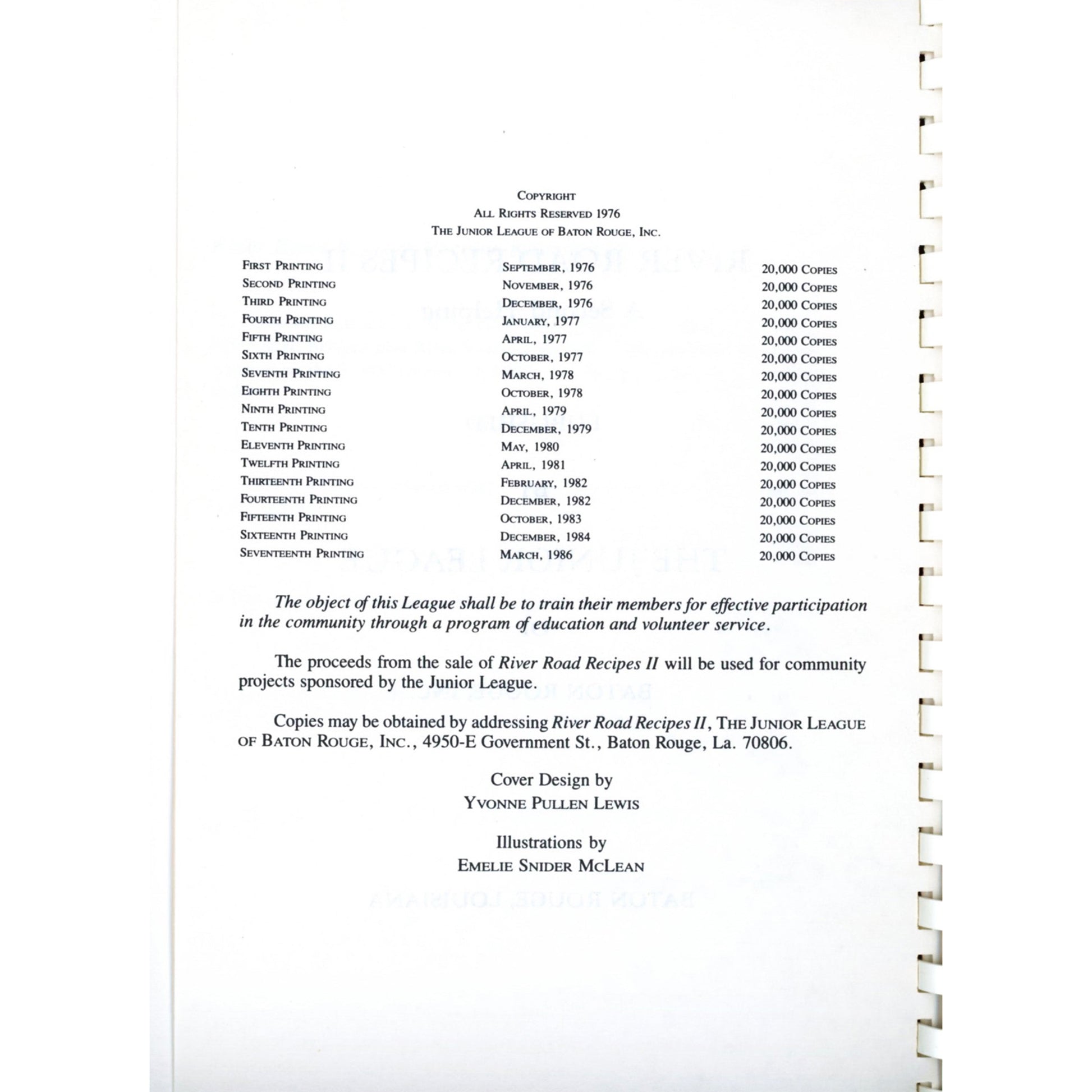 River Road Recipes II with 600+ classic Louisiana dishes. Junior League of Baton Rouge Hall of Fame cookbook. Copyright page