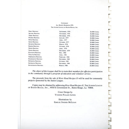 River Road Recipes II with 600+ classic Louisiana dishes. Junior League of Baton Rouge Hall of Fame cookbook. Copyright page
