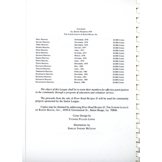 River Road Recipes II with 600+ classic Louisiana dishes. Junior League of Baton Rouge Hall of Fame cookbook. Copyright page
