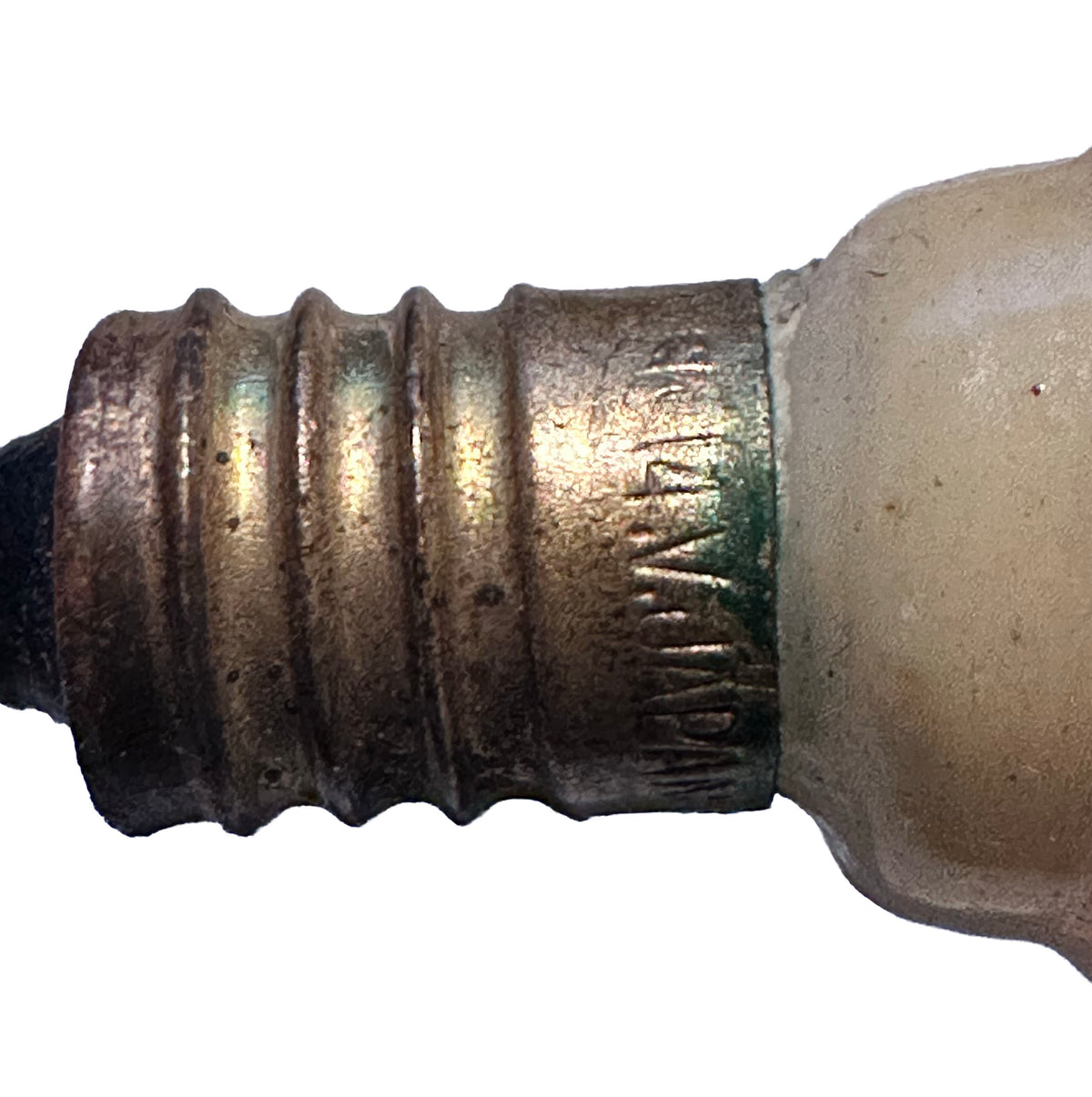 Unusual vintage Japanese figural Christmas light bulb shaped as corn in its husk. Molded glass, 14V C6-type base, 4½ inches, marked Japan. Close up of 14V mark.