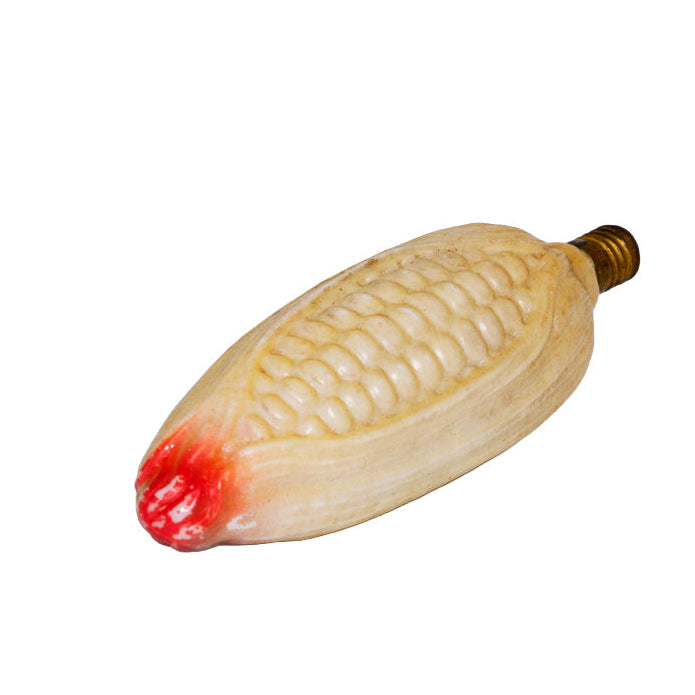 Unusual vintage Japanese figural Christmas light bulb shaped as corn in its husk. Molded glass, 14V C6-type base, 4½ inches, marked Japan. View 1