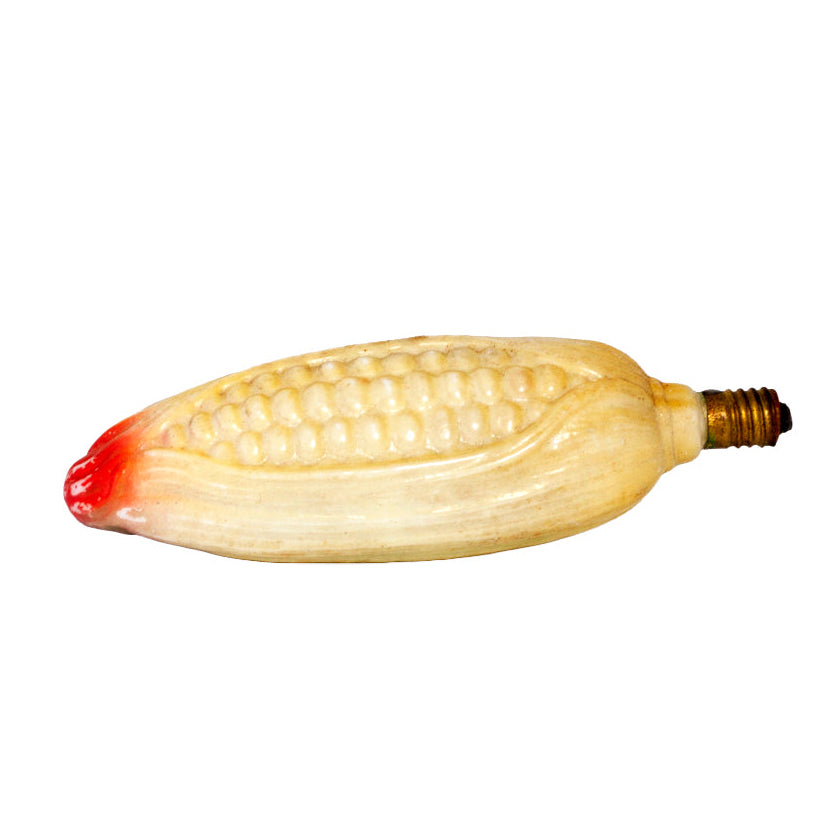 Unusual vintage Japanese figural Christmas light bulb shaped as corn in its husk. Molded glass, 14V C6-type base, 4½ inches, marked Japan. View 2