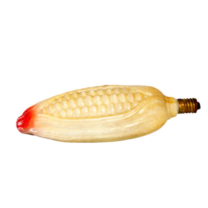 Unusual vintage Japanese figural Christmas light bulb shaped as corn in its husk. Molded glass, 14V C6-type base, 4½ inches, marked Japan. View 2