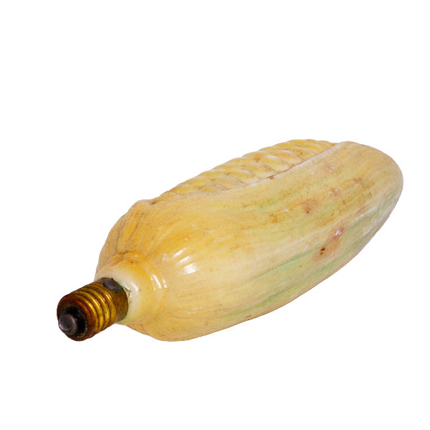 Unusual vintage Japanese figural Christmas light bulb shaped as corn in its husk. Molded glass, 14V C6-type base, 4½ inches, marked Japan. View 3