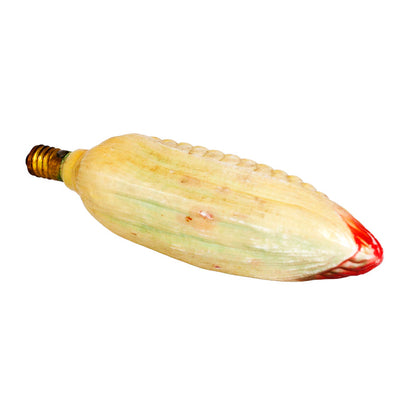 Unusual vintage Japanese figural Christmas light bulb shaped as corn in its husk. Molded glass, 14V C6-type base, 4½ inches, marked Japan. View 4