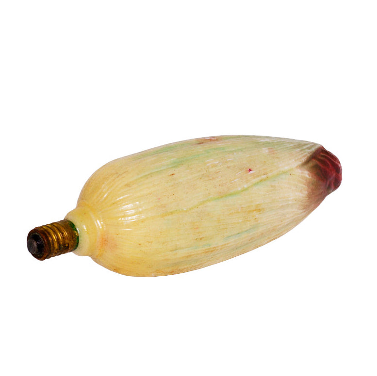 Unusual vintage Japanese figural Christmas light bulb shaped as corn in its husk. Molded glass, 14V C6-type base, 4½ inches, marked Japan. View 5