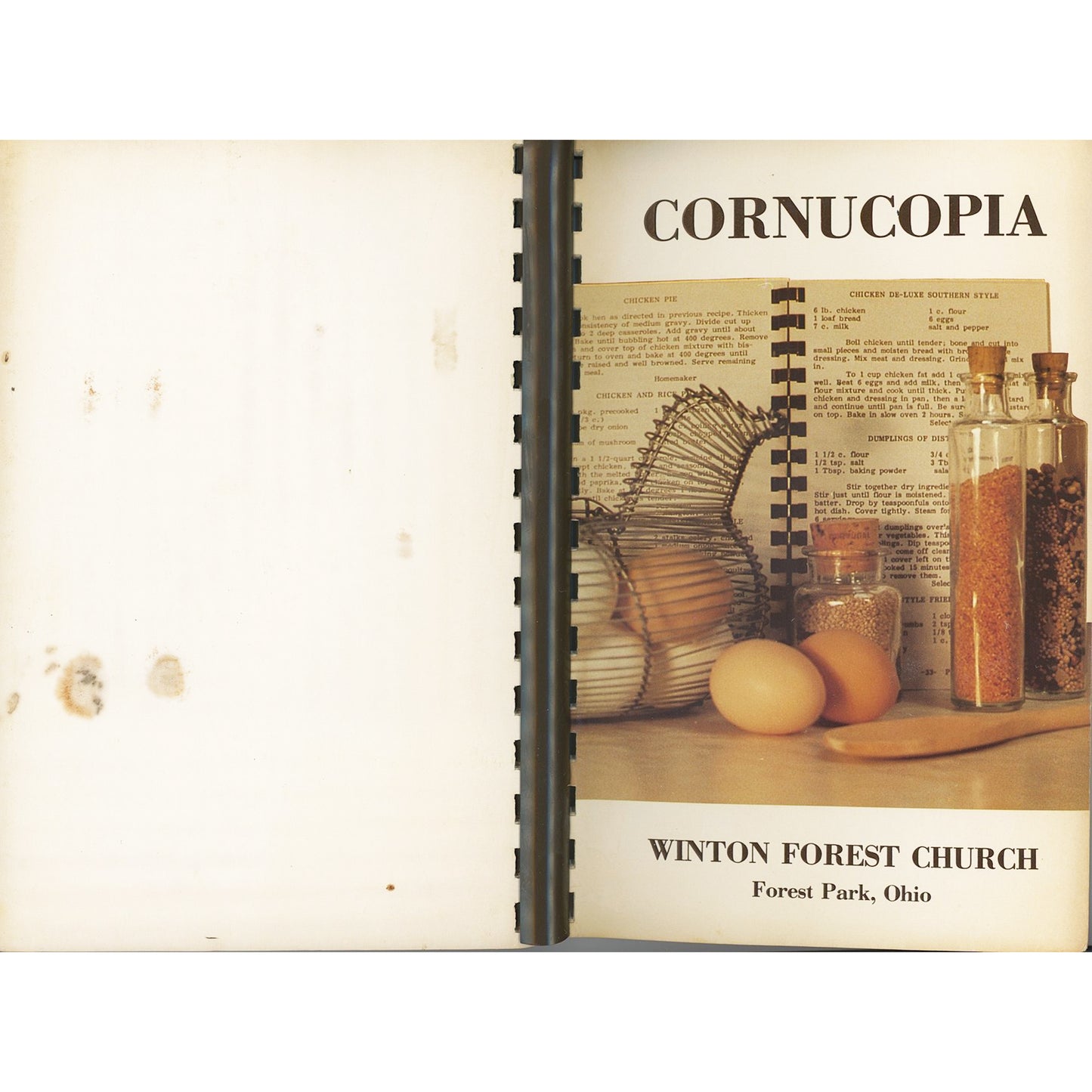 1978 Cornucopia community cookbook from Winton Forest Church, Forest Park, Ohio. 80+ pages of contributed recipes. Good vintage condition.