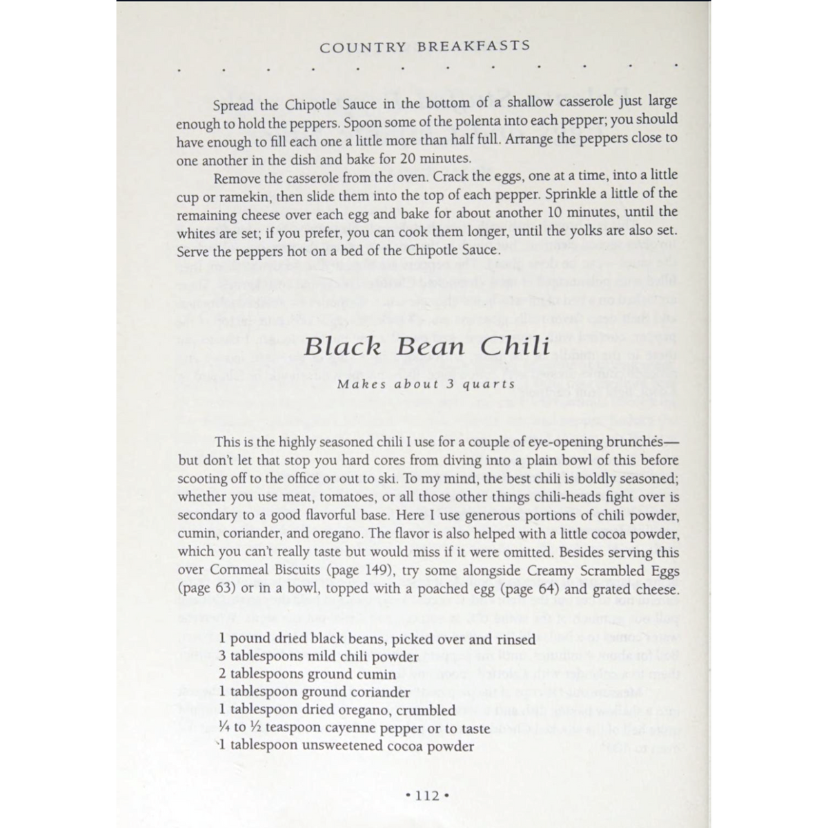 Ken Haedrich’s Country Breakfasts (1994). Bantam First edition, first printing. 175+ comforting breakfast recipes. Paperback, 258 pages. Excellent condition. Black Bean Chili Recipe