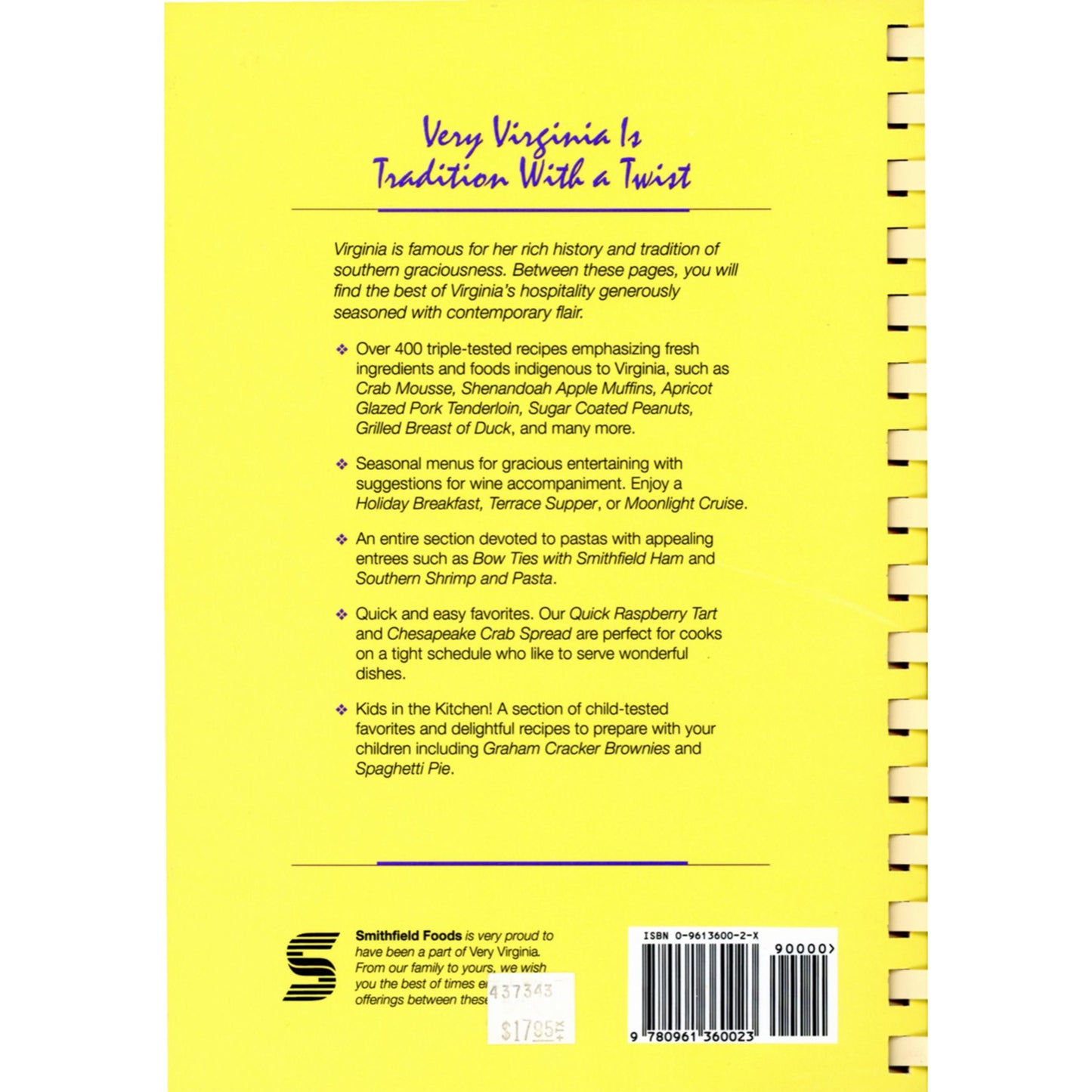 Very Virginia cookbook, 3rd printing. 400+ triple‑tested recipes, pristine condition. Seasonal menus and Kids in the Kitchen section. Back Cover