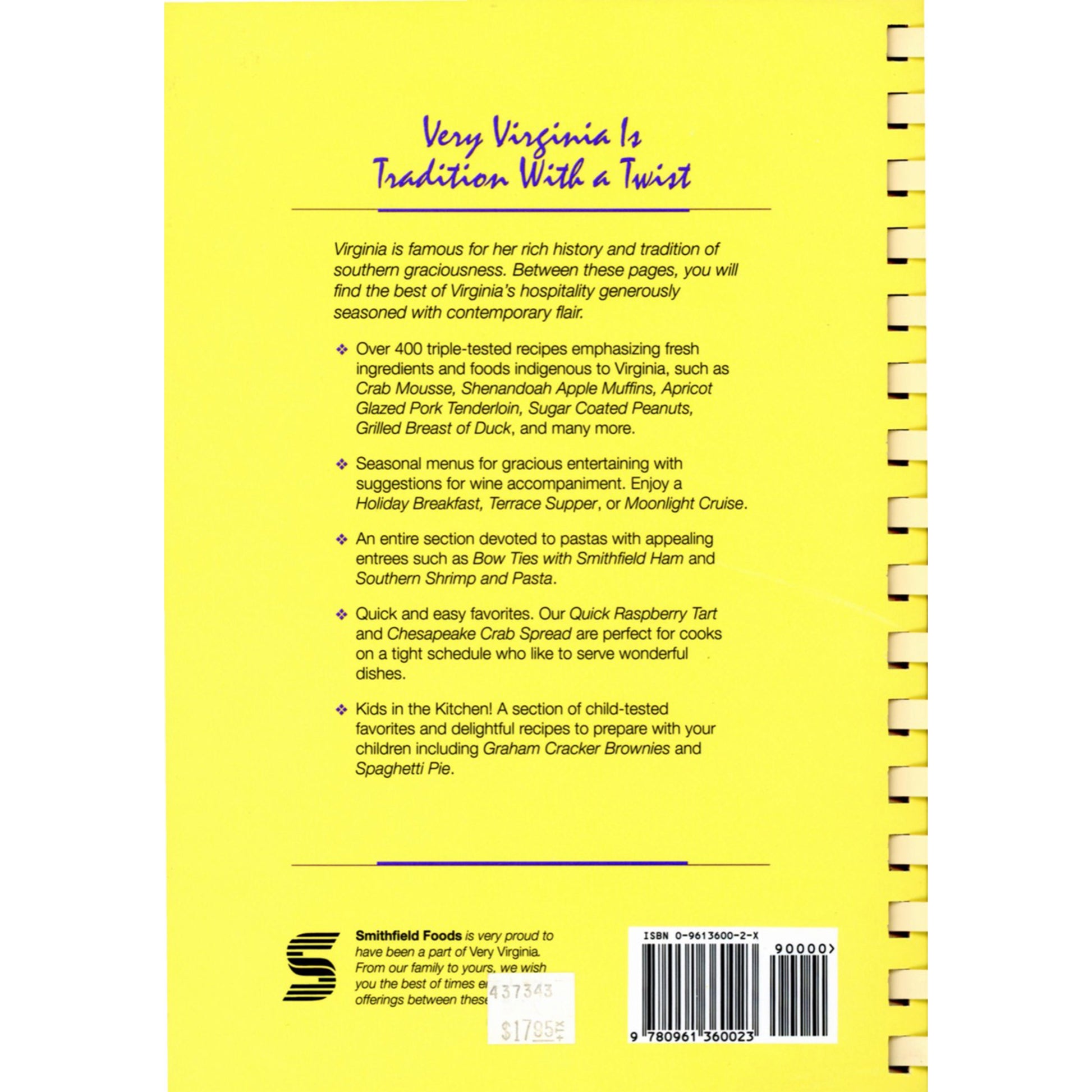 Very Virginia cookbook, 3rd printing. 400+ triple‑tested recipes, pristine condition. Seasonal menus and Kids in the Kitchen section. Back Cover