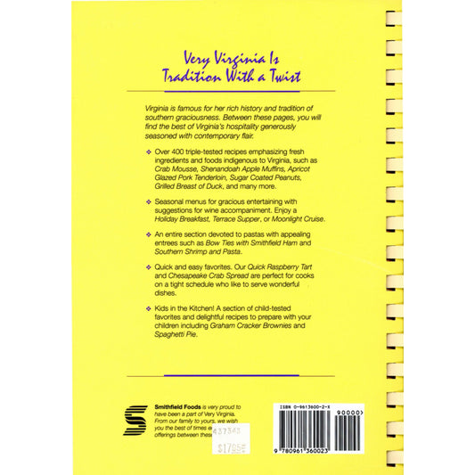 Very Virginia cookbook, 3rd printing. 400+ triple‑tested recipes, pristine condition. Seasonal menus and Kids in the Kitchen section. Back Cover