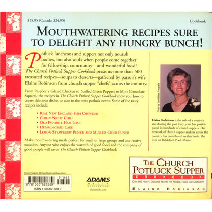 Over 500 classic church supper recipes in The Church Potluck Supper Cookbook (2003). Community favorites for gatherings, fundraisers & family meals.  Back cover image