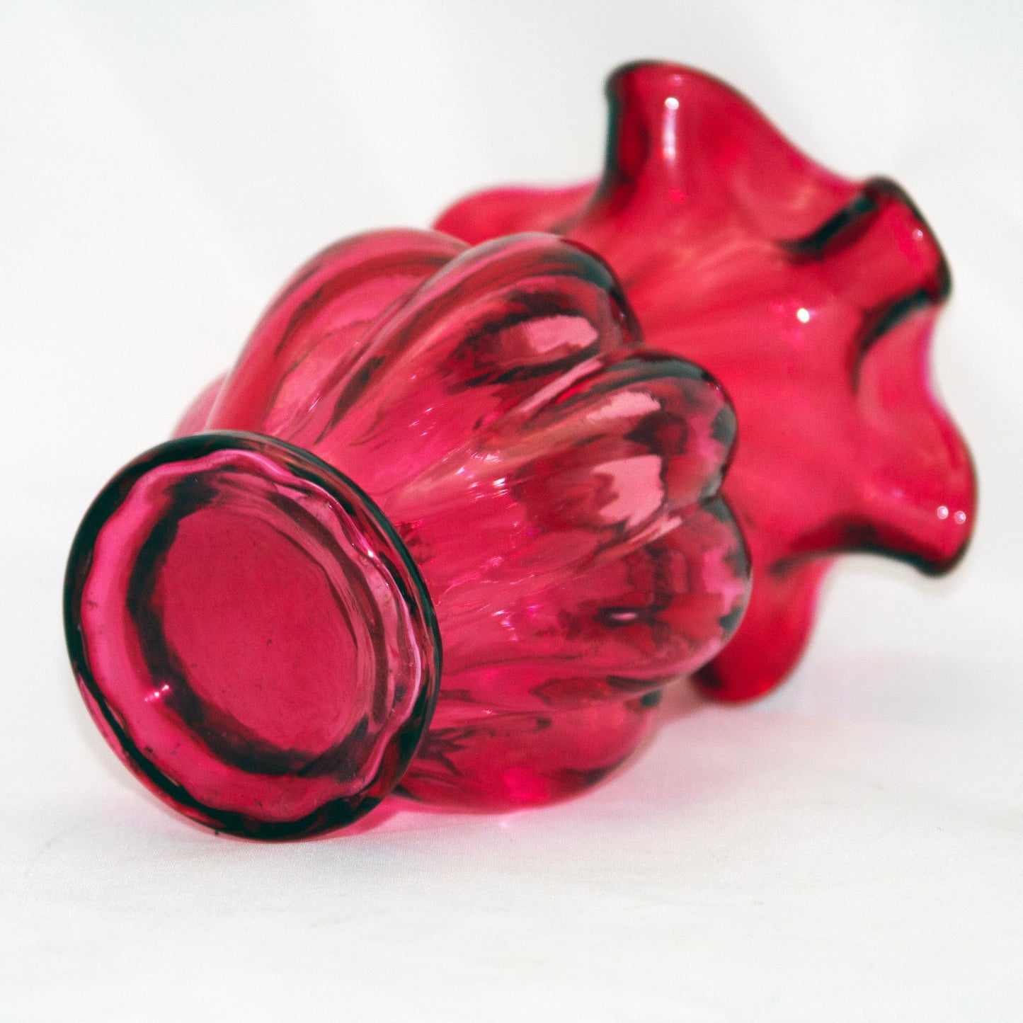 FENTON CRANBERRY GLASS Vase with Ribbed Body & Ruffled Rim