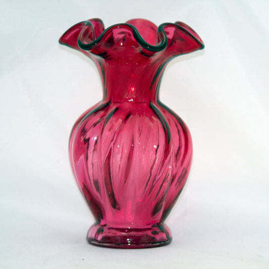 FENTON CRANBERRY GLASS Vase with Ribbed Body & Ruffled Rim