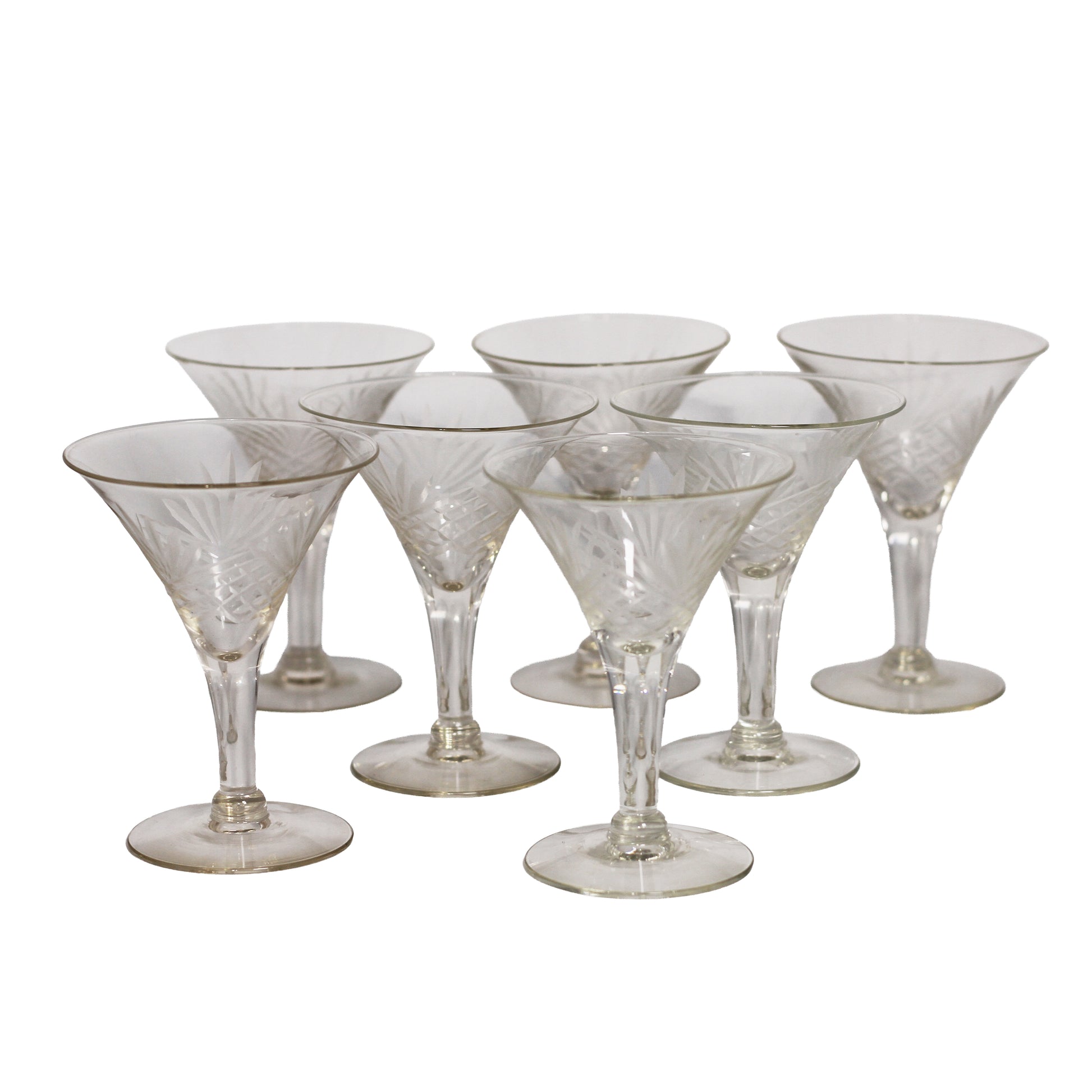 Set of 7 vintage Nachtmann Nierstein / Gorham Cherrywood cut crystal liquor cocktail glasses with fan and crosshatch design. Made in Germany.