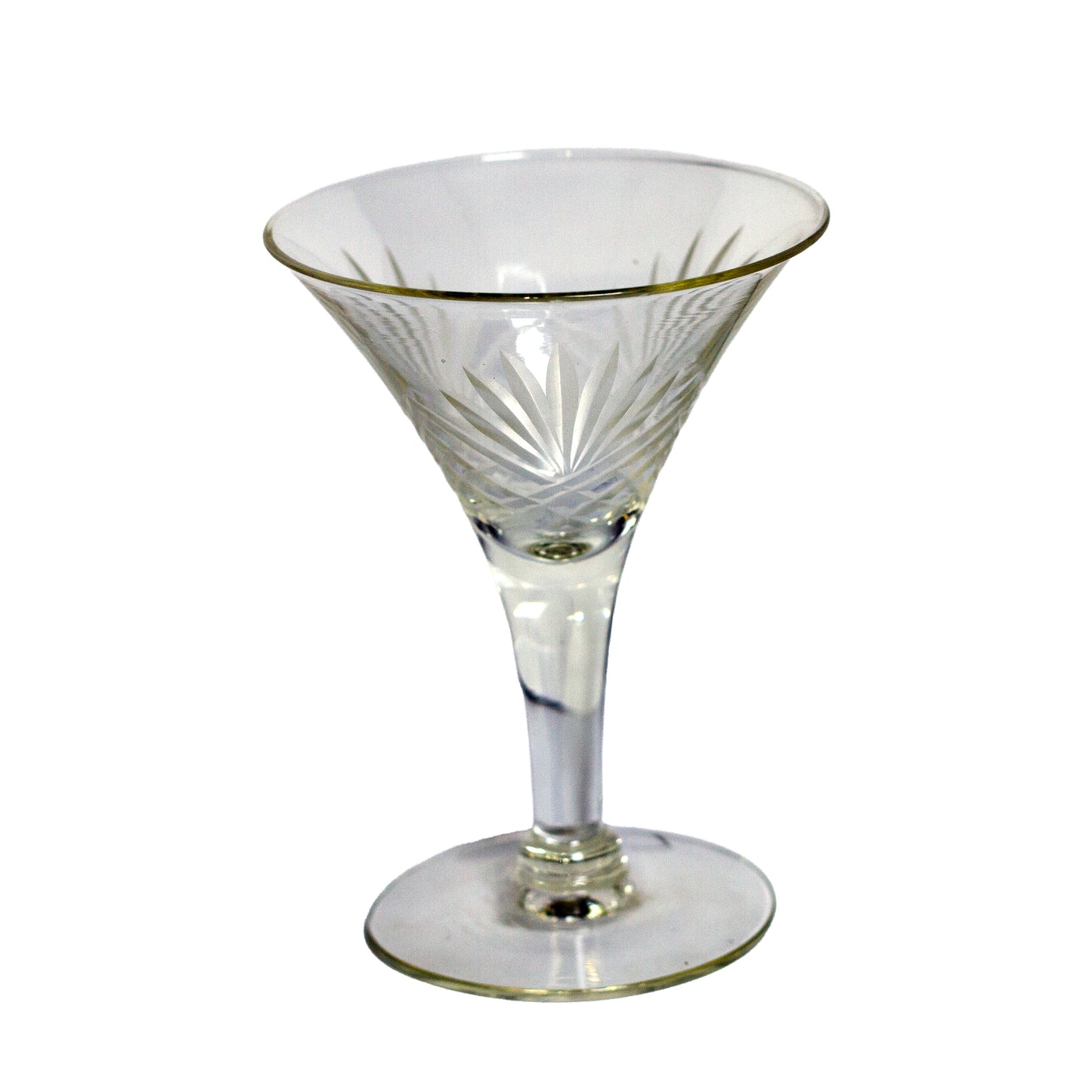 Set of 7 vintage Nachtmann Nierstein / Gorham Cherrywood cut crystal liquor cocktail glasses with fan and crosshatch design. Made in Germany. Fan design view