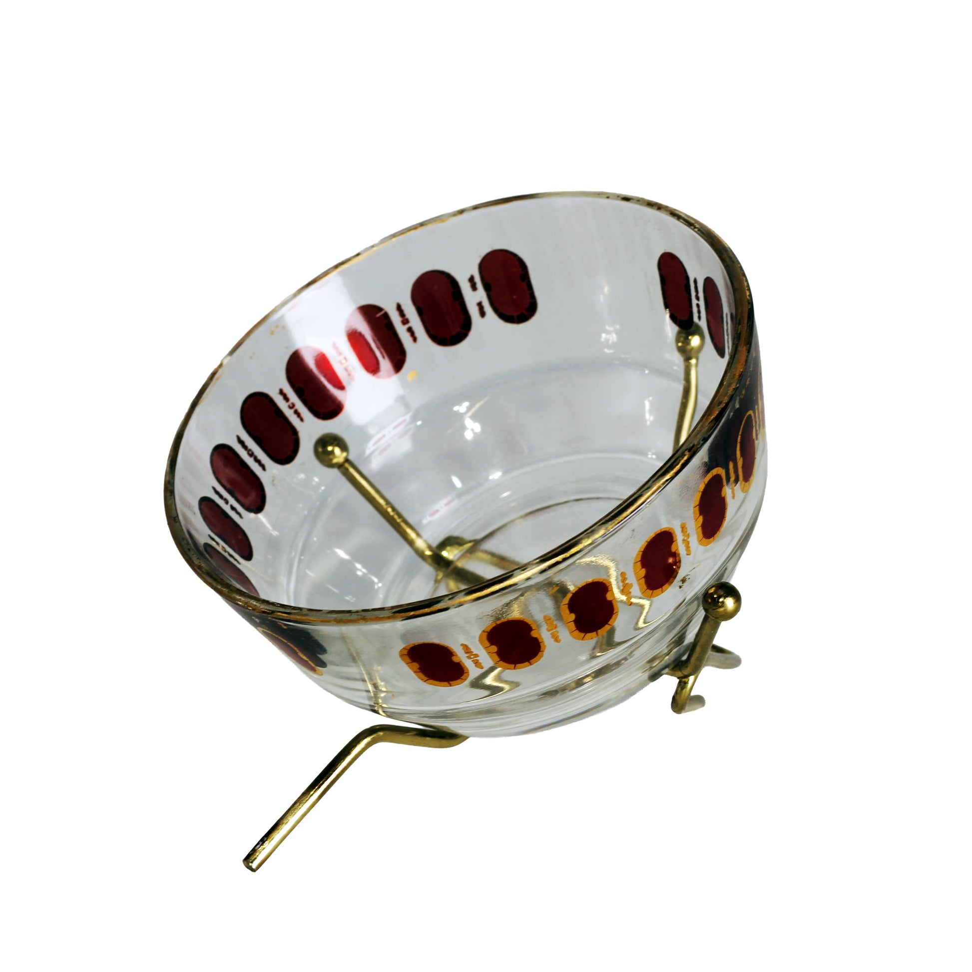 Culver Cranberry Scroll Glass Nut Bowl with Brass Stand Vintage MCM