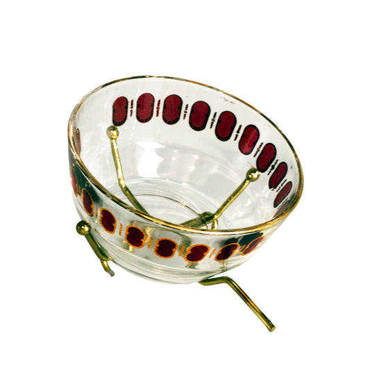 Culver Cranberry Scroll Glass Nut Bowl with Brass Stand Vintage MCM View 2