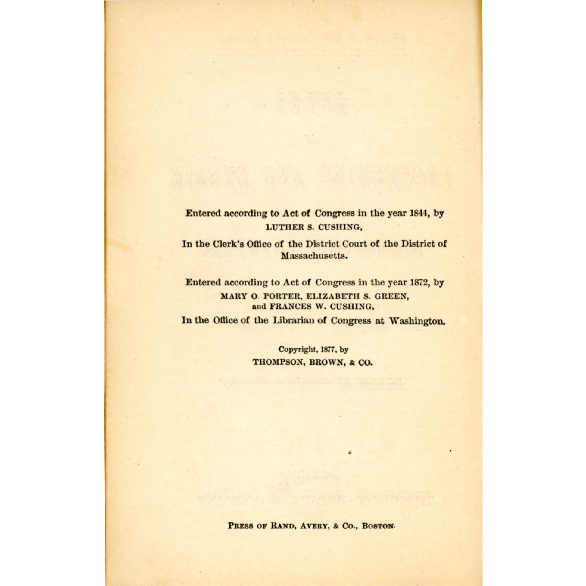 1880 Cushing’s Manual of Parliamentary Practice. Antique law book in very good condition with gilt spine. Early American parliamentary authority. Copyright Page