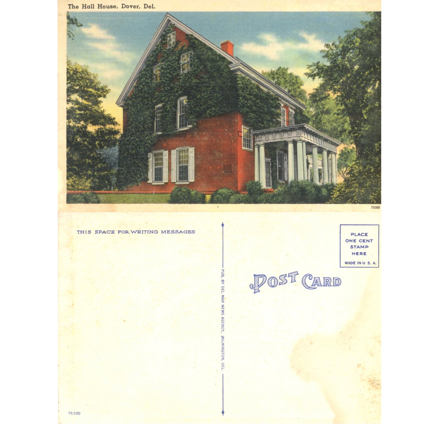Dover Delaware The Hall House Historic Home – Pre-Linen Postcard (c. 1920s) Front and Back
