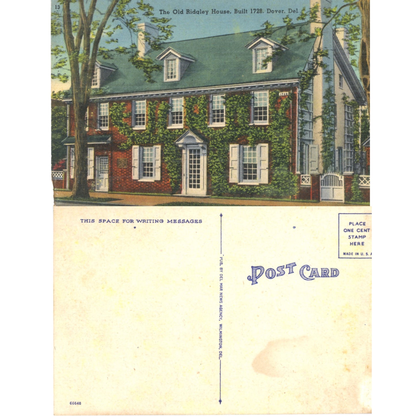 Dover Delaware Ridgely House Historic Home – Pre-Linen Postcard (c. 1920s) Back and Front