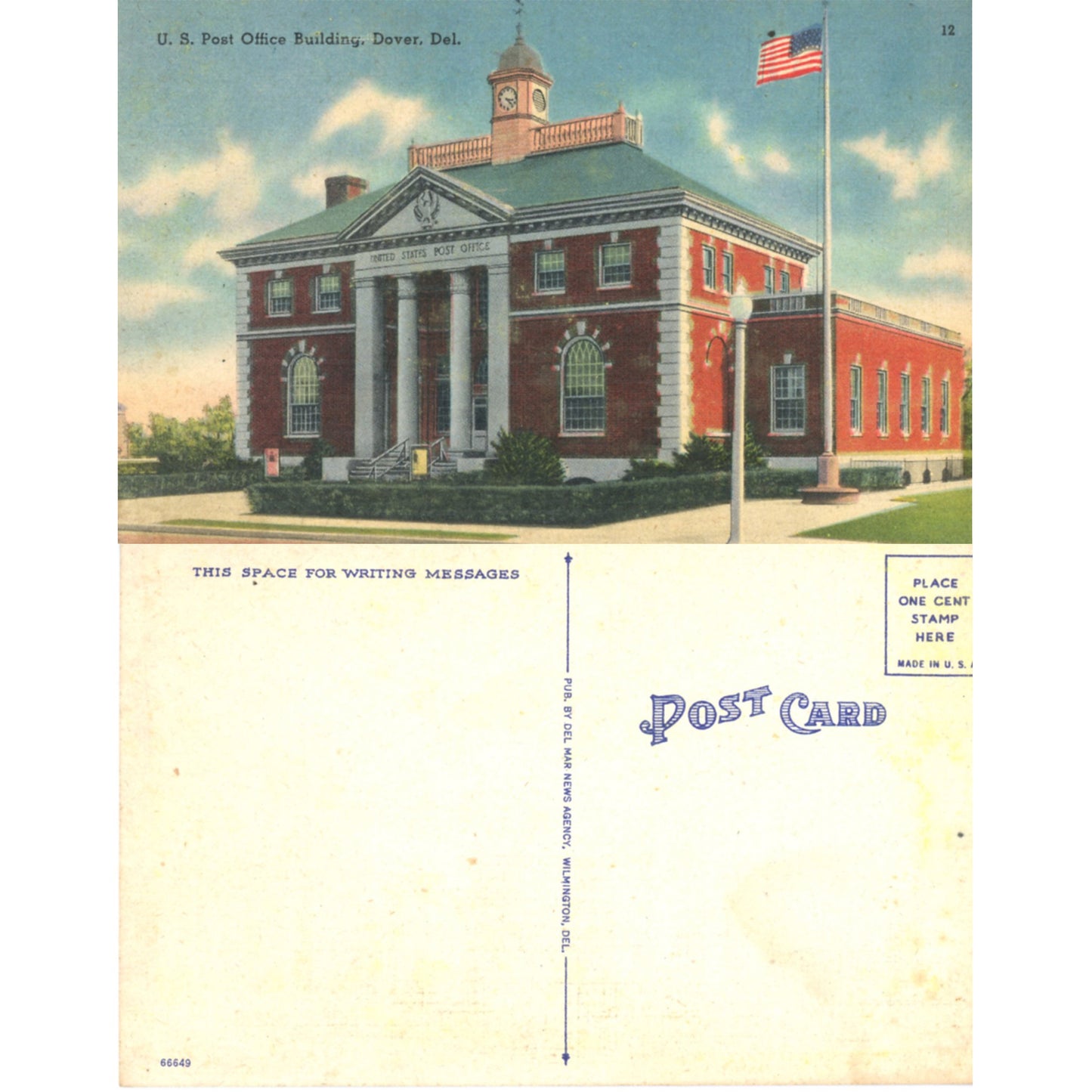 Dover Delaware Post Office Historic  Pre-Linen Postcard (c. 1920s) Back and Front