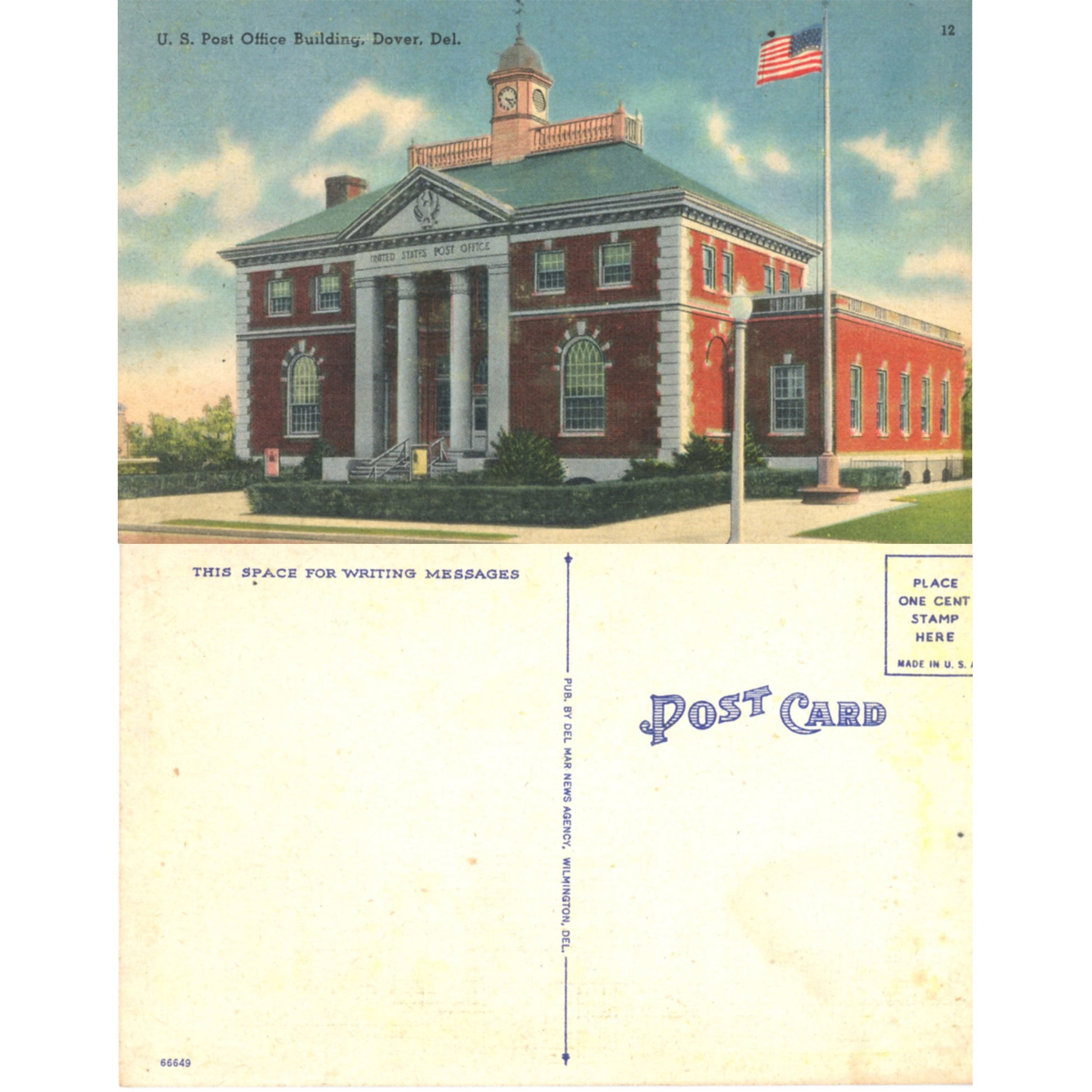 Dover Delaware Post Office Historic  Pre-Linen Postcard (c. 1920s) Back and Front